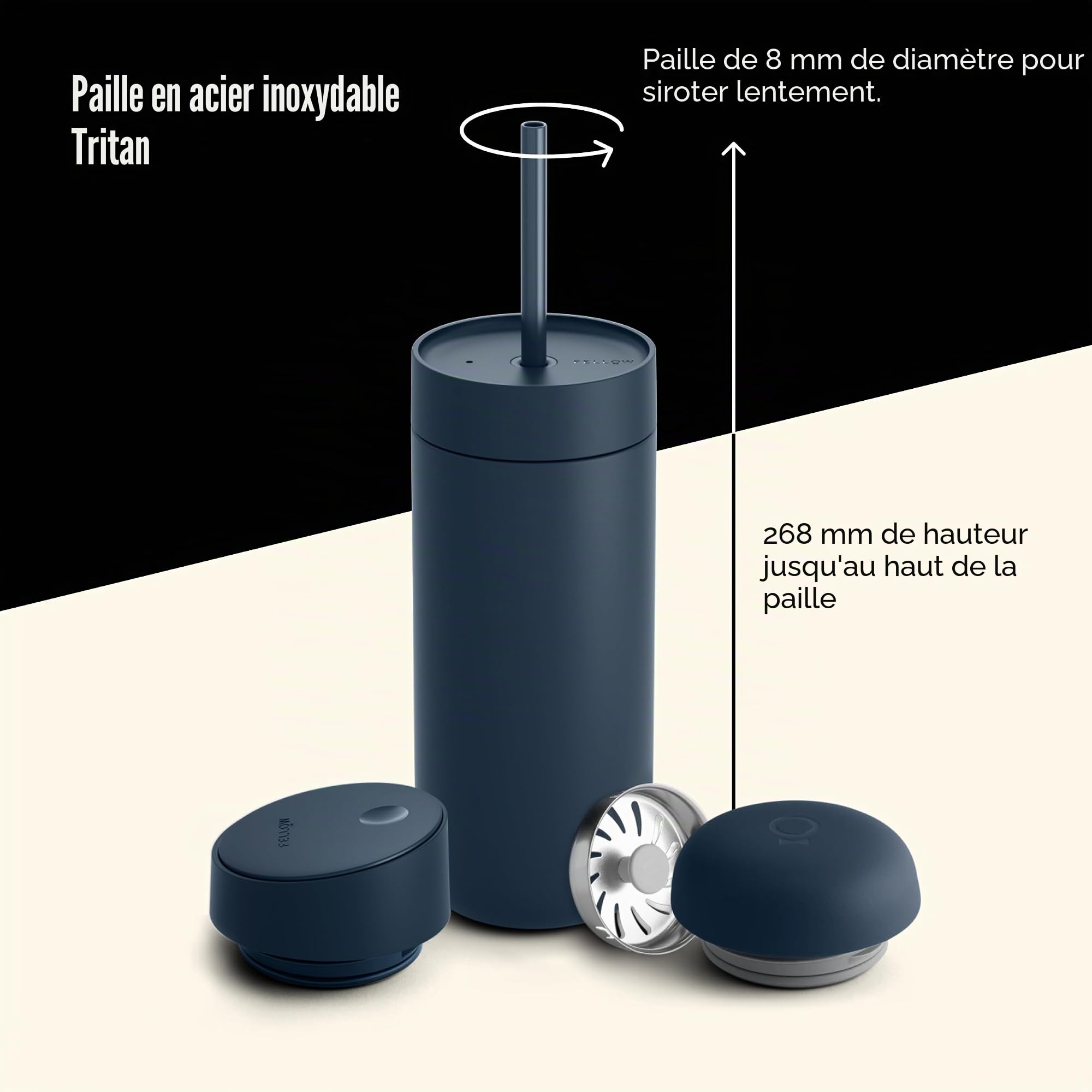 Fellow Tasse de voyage 3 en 1 avec fermeture coulissante, couvercles Move & Cold avec paille – Tasse à café à emporter – Intérieur en céramique et acier inoxydable isolé sous vide – Tasses à café