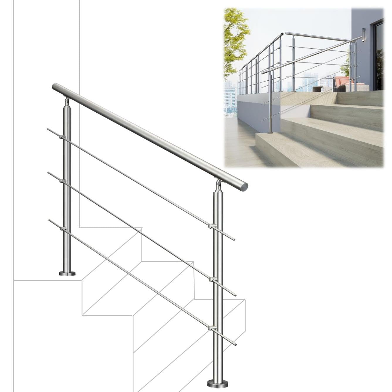 Biubiubath Silver 180Cm 304 Stainless Steel Handrail With 3 Crossbars Balustrade Stair/Step For Outdoor And Indoor
