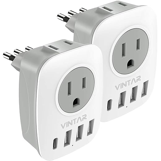 [2-Pack] Italy Power Adapter, VINTAR Italy Travel Plug Adapter with 1 USB C, 2 American Outlets and 3 USB Ports, 6 in 1 Outlet Adaptor, 3 Prong Grounded Plug for USA to Italy Uruguay Chile (Type L)