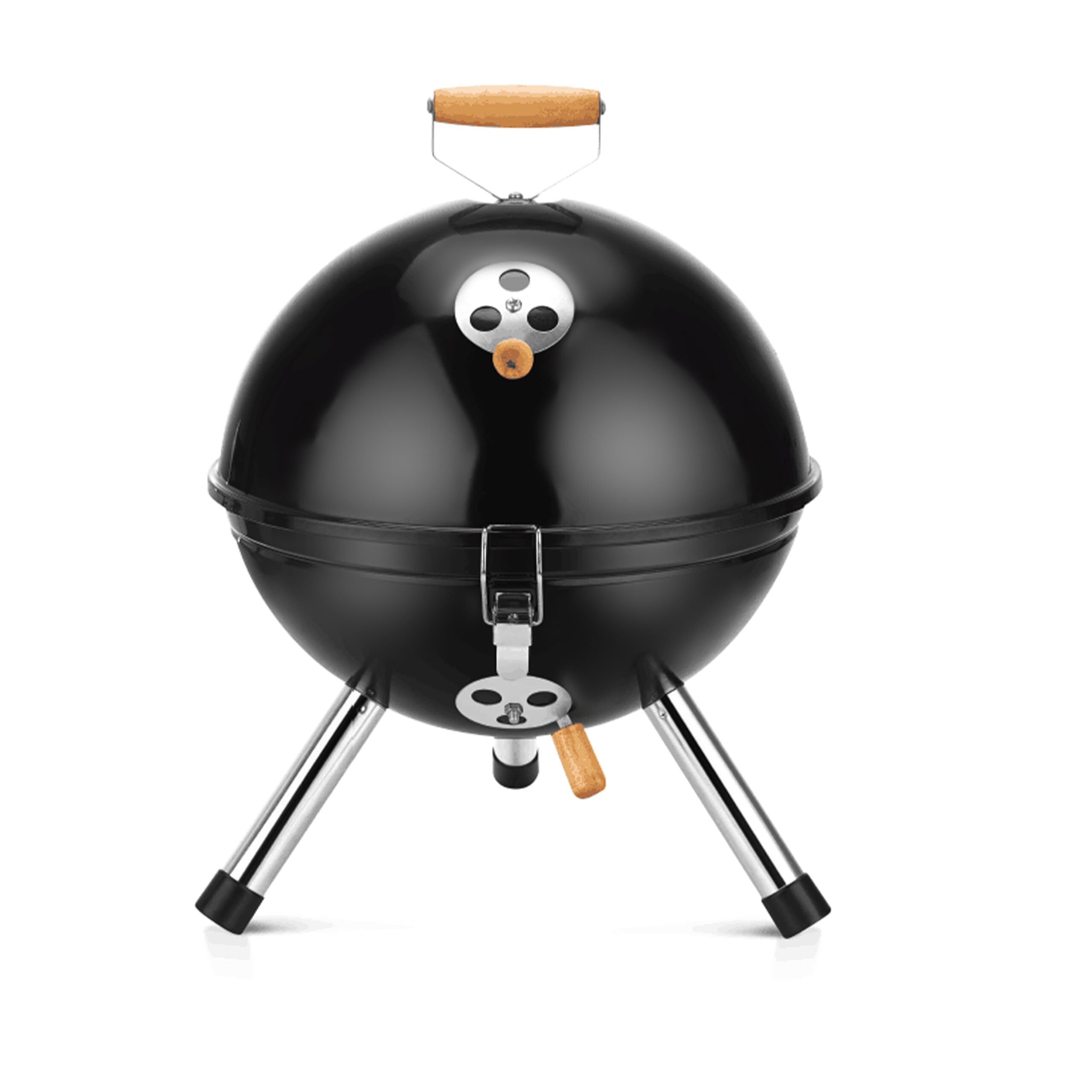 Relaxdays Mini Barbecue a Sfera, Portatile, Ø 30 cm, Balcone, Picnic, Nero | Campeggio, a carbone, manico in legno