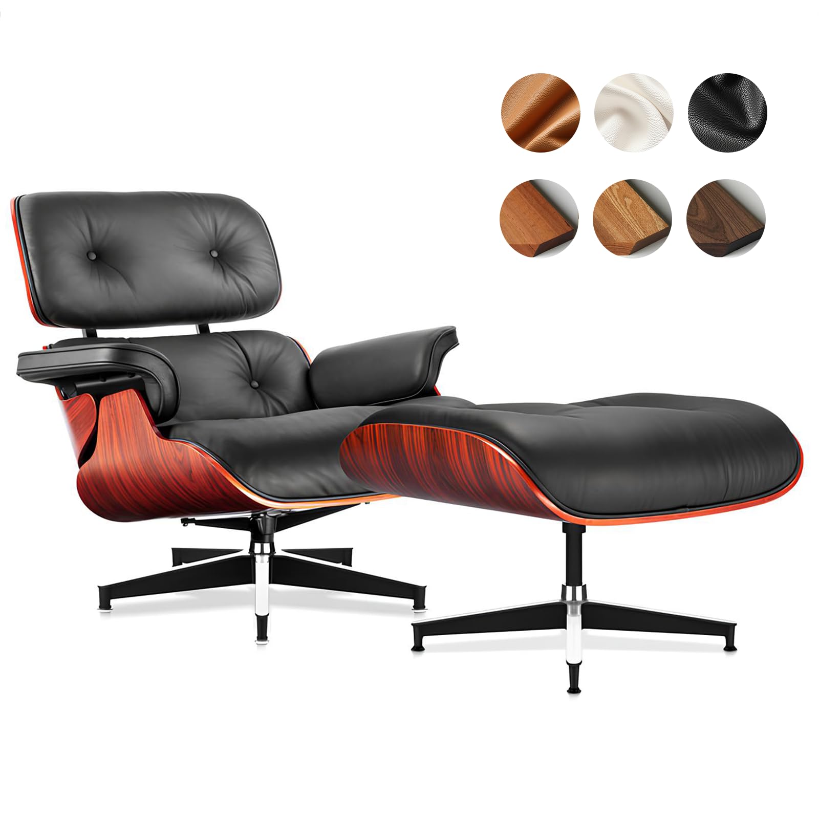 Top Black Grain Leather, Mid Century Chaise Lounge Chair and Ottoman, Reading Chair, Accent Chair, Modern Chair, Classic Design, Heavy Duty Base Support for Living Room Lounge Office, Darkrosewood