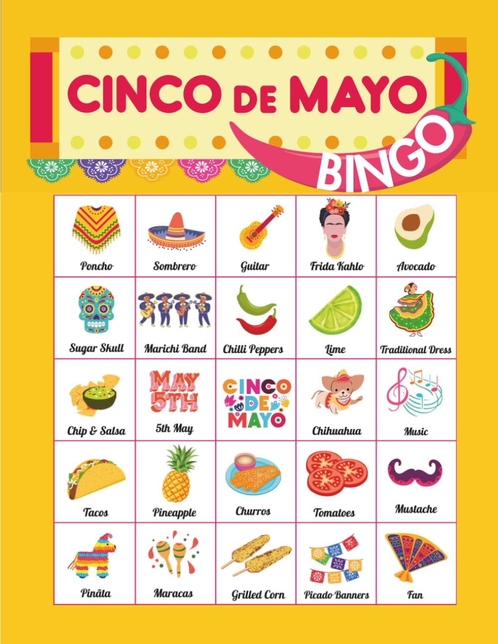 Cinco de Mayo Bingo: Mexican party game, Celebration Activities for large group, Classroom Game