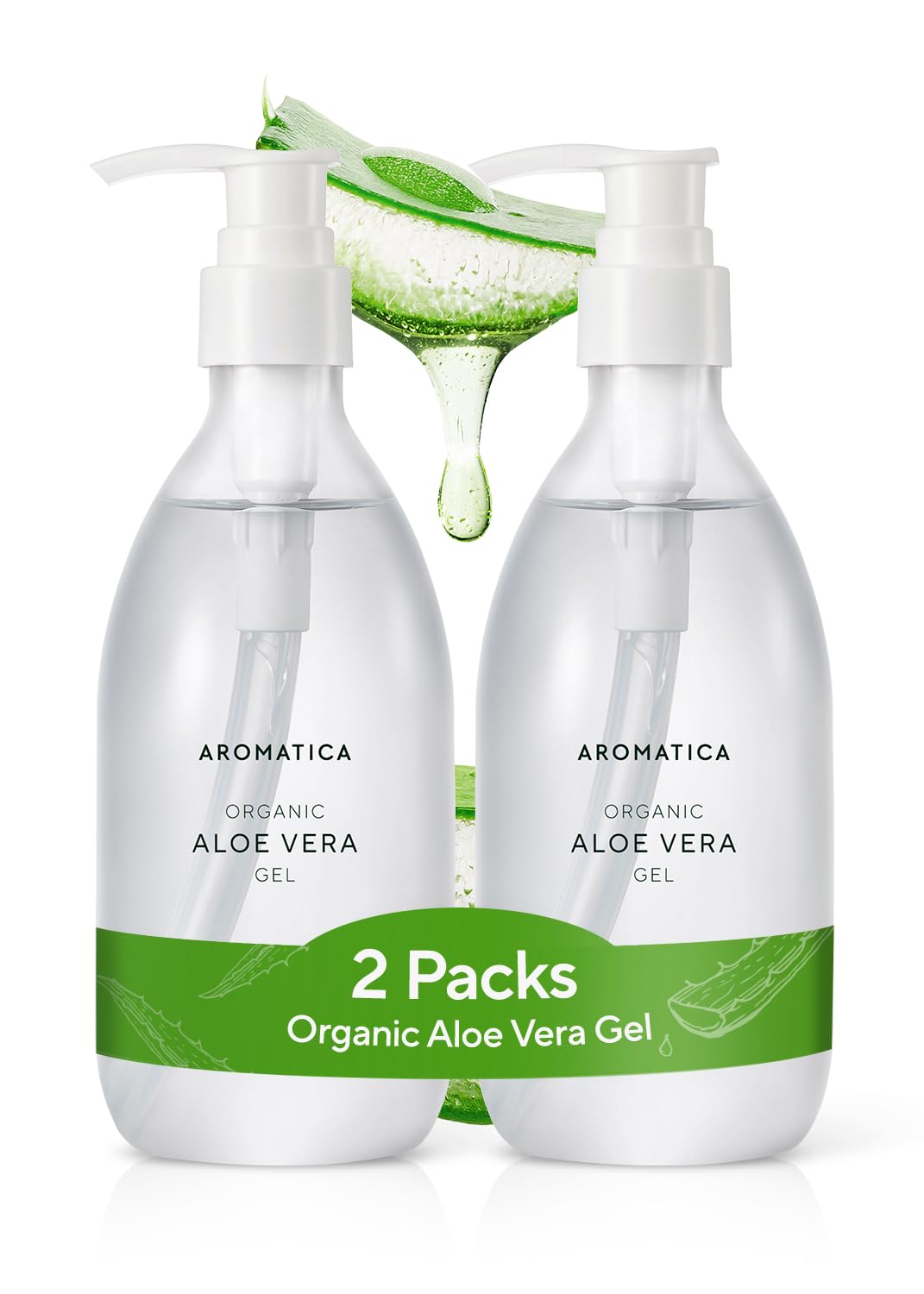 AROMATICA Organic Aloe Vera Gel (2 packs), After Sun Care and Sunburn Relief with Pure Aloe Vera Gel Face&Hair, Sun Burn Moisturizer EWG Verified (10.14oz/300ml)