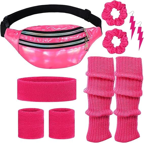 Acessórios disfarce anos 80 mulheres, 80 s acessórios de disfarces com pochete, aquecedores de pernas, bandana, pulseiras, brincos, elásticos de cabelo, acessórios néon mulher para carnaval cosplay (A