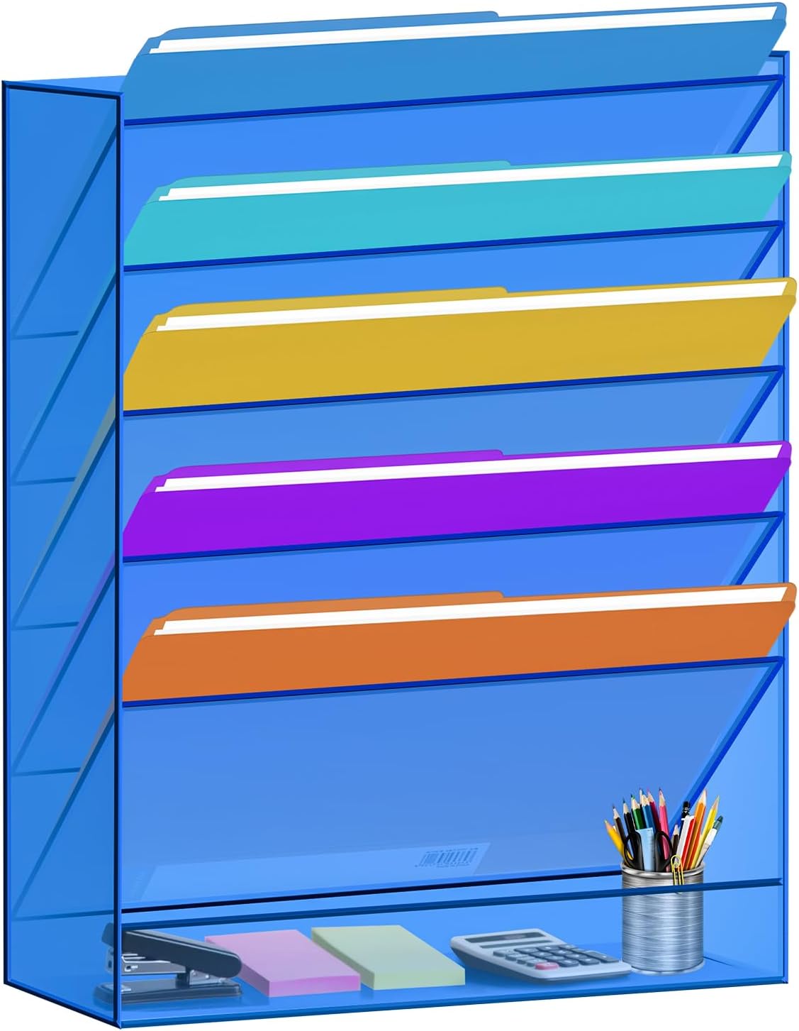 Gelite Hanging File Organizer Acrylic Clear Wall File Holder for Office Vertical Paper Organizer Wall Mounted Magazine Rack, 5 Pockets, Blue