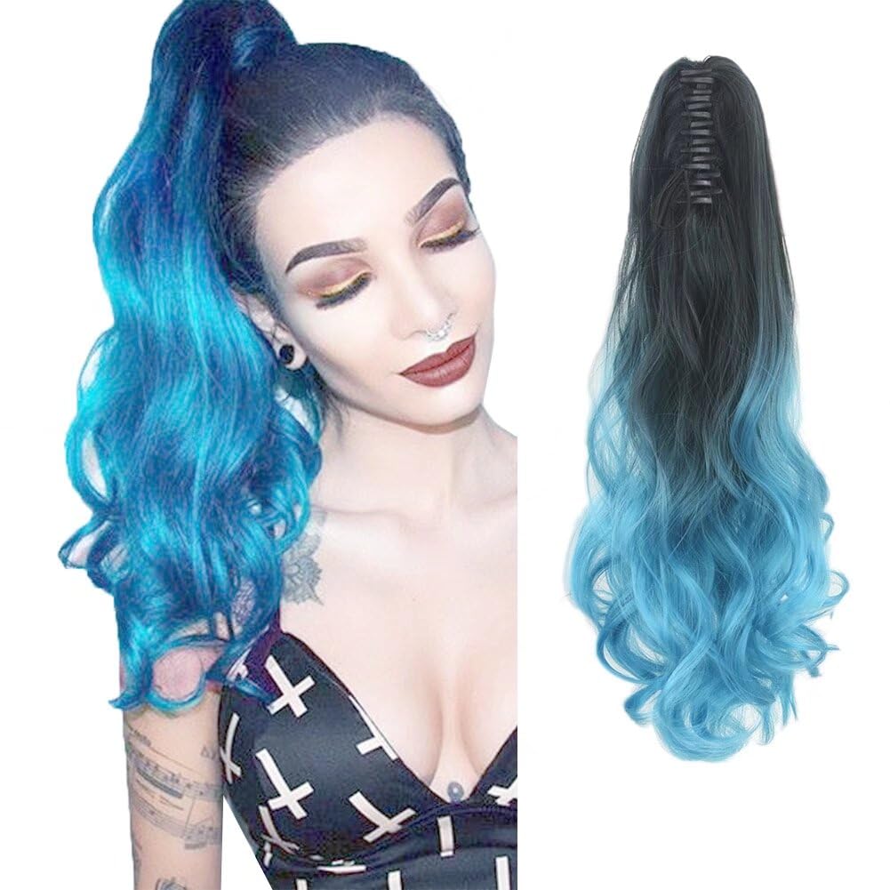 LaLuLoLi 24"/60cm Long Claw Ponytail Hair Extension Piece Clip in on Ponytail Jaw/Claw Synthetic Wavy Heat Resistant Fiber 130g #1B Black and Sea Blue Ombre Color Curly Hairpiece for Women 1BT4535