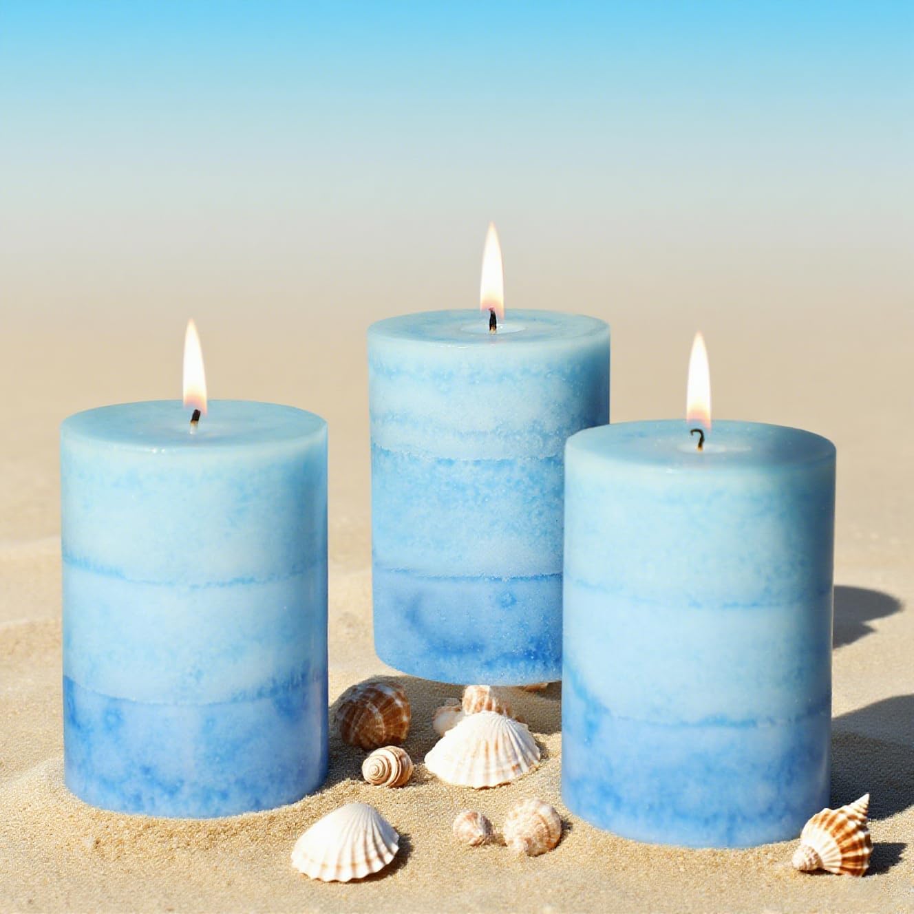 Strong Ocean Scented Pillar Candles, 60+ Hrs Long Burning Candles，3 Pack Blue Candles for Home Scented