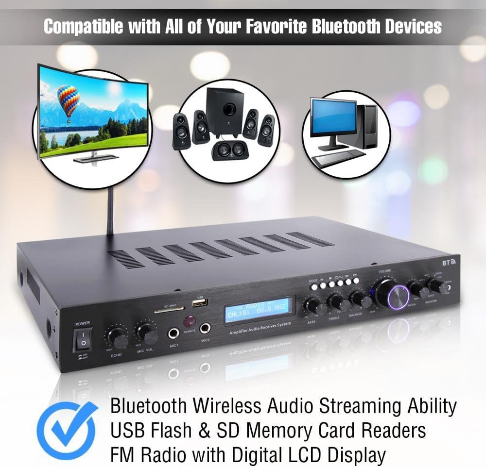 Home Theater Amplifier Audio Bluetooth MP3/USB/SD/AUX/FM Receiver System, with 4X 3.5'' 200 Watt 3-Way Weather Proof Mini Box Speakers (White), Enrock Audio 16-Gauge 50 Foot Speaker Wire