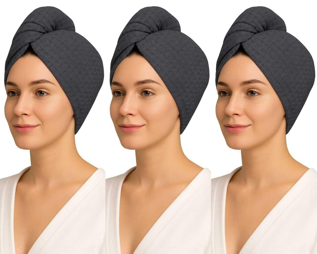 Women 3 Pack 100% Cotton Waffle Turbie Towel, Super Absorbent & Quick Drying Lightweight Turban with Button Up Toweling Cap Soft Twist Dry Hat for Long, Curly & Thick Hair 66X25cm, Dark Grey