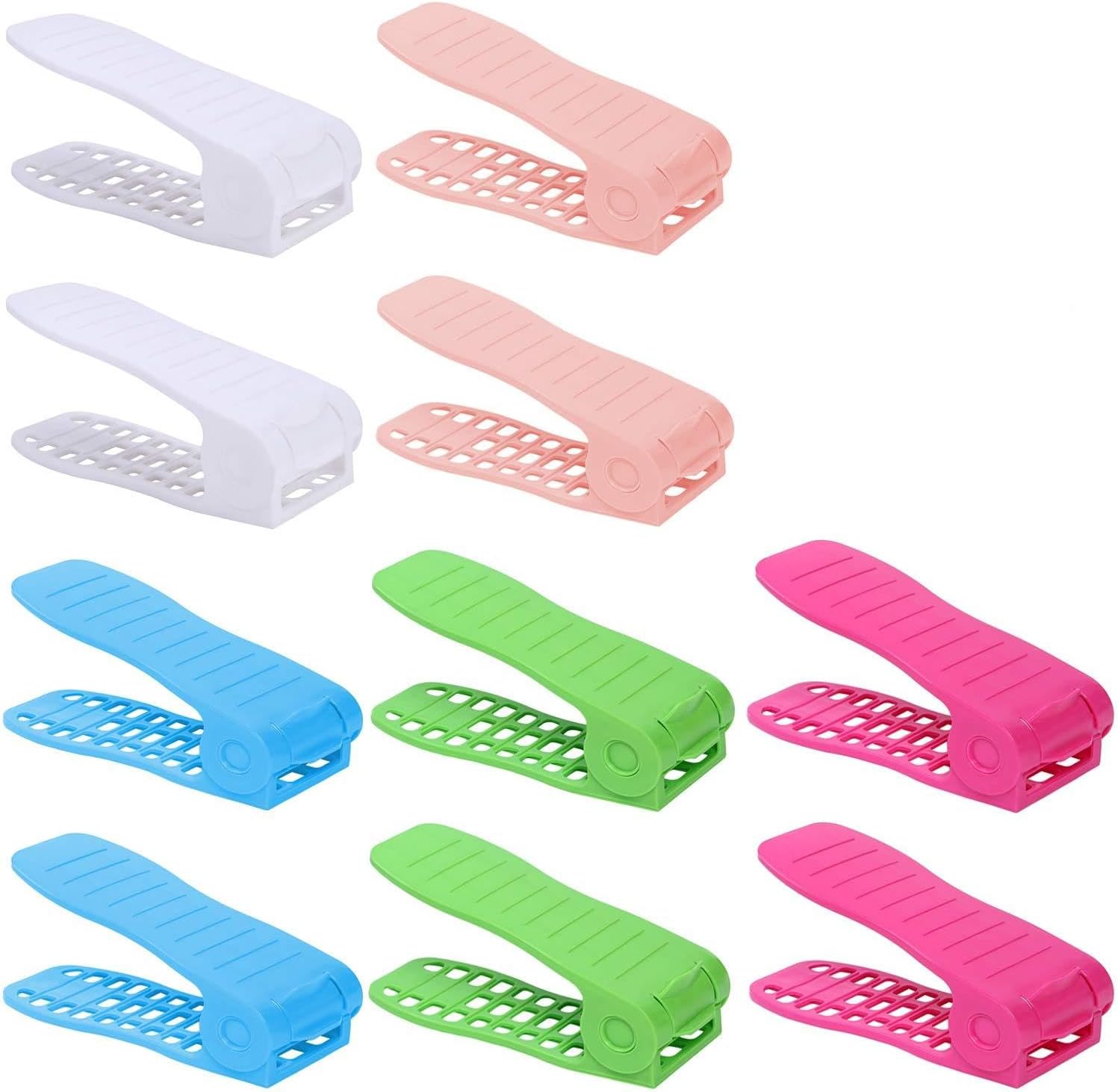 Shoe Slots Space Saver, Adjustable Shoe Slots Organizer, Plastic Shoe Slot Holder 10 Pack (Total 5 Colors, Each Color 2 Pack) with 1 Piece Mini Wooden Shoe Horn