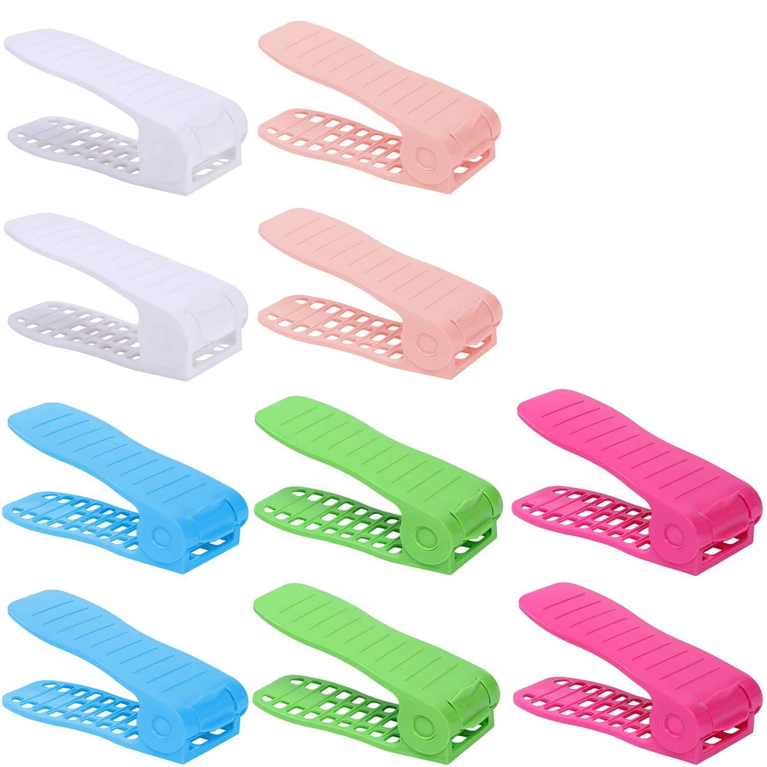Shoe Slots Space Saver, Adjustable Shoe Slots Organizer, Plastic Shoe Slot Holder 10 Pack (Total 5 Colors, Each Color 2 Pack) with 1 Piece Mini Wooden Shoe Horn
