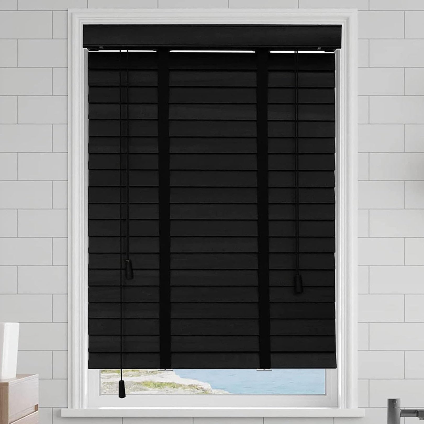 Persianas venecianas de madera premium de 50 mm con contraventanas de diseño y cinta fina