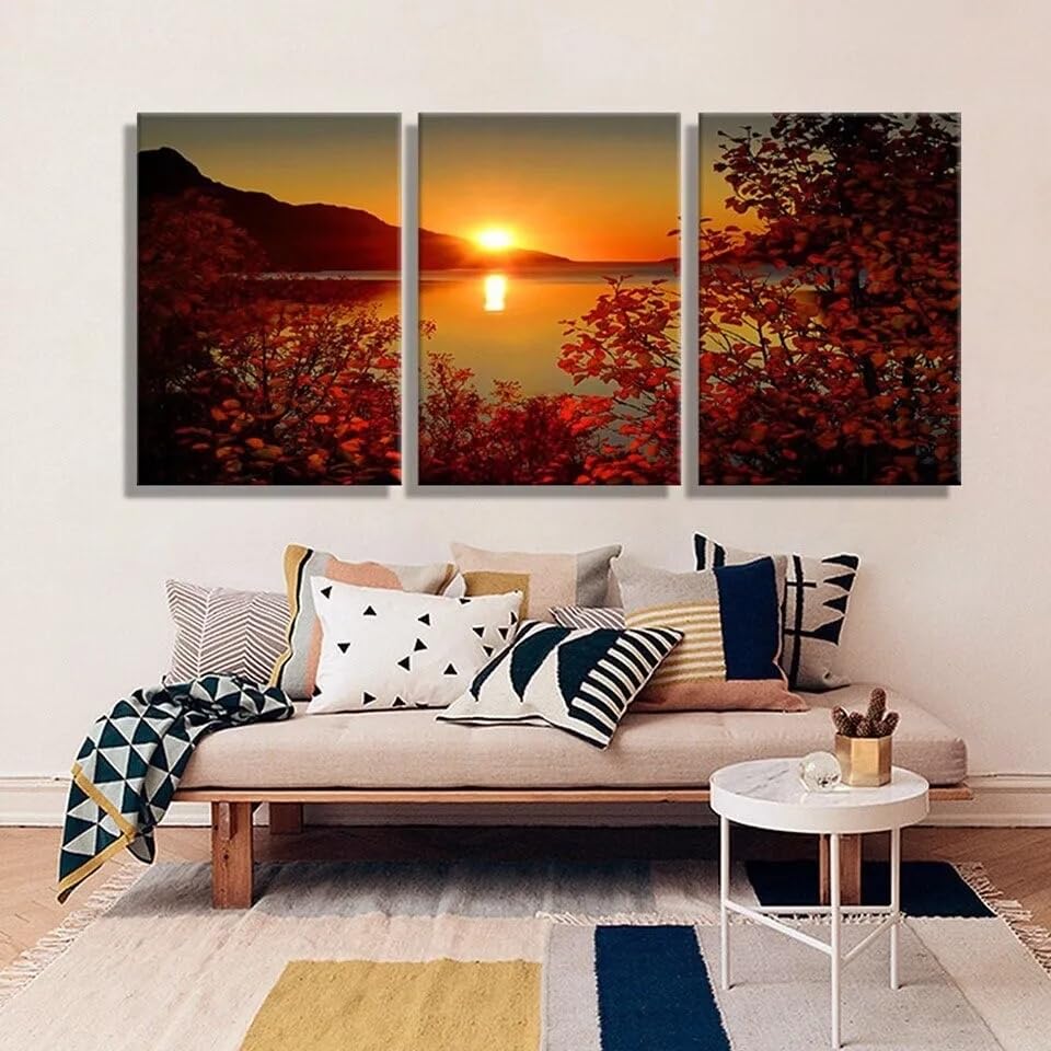 Affiche Murale Toile Lake Sunset Scenery 120x60cm Encadrée - Triptyque Moderne Salons