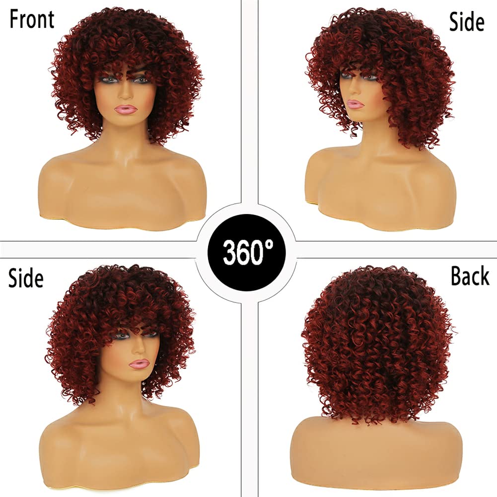 Amazon.com : Amnenl Short Wine Red Afro Curly Wig with Bangs  display picture 2
