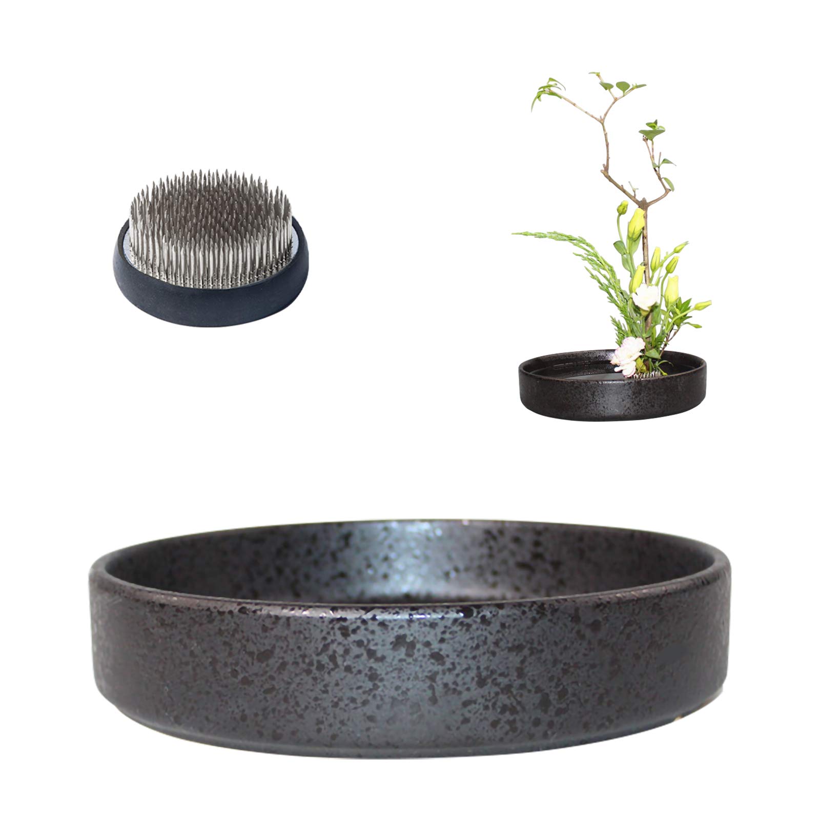 WANDIC Flower Arranging Supplies, Round Ceramic Ikebana vases with 6cm Round Flower Frog for Ikebana Floral Arrangement Home Decoration, Black Spotted