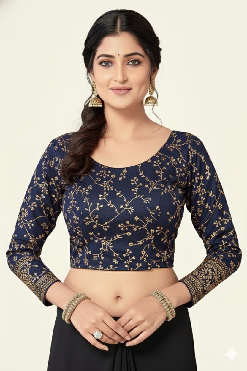 Women's Shimmer Crop Top Blouse with Round Neck, Short Sleeves, Streachable Readymade Blouse Choli-picture-34