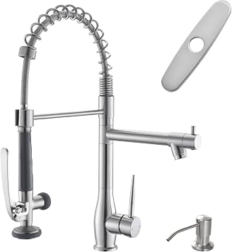 GIMILI Commercial Kitchen Faucet with Pull Down Sprayer, Double Headed Single Handle High Pressure Kitchen Faucet with Soap Dispenser Brushed Nickel