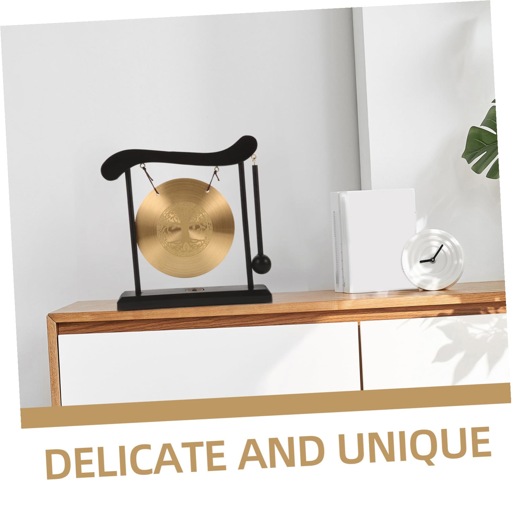 VILLCASE Gong de Escritorio de Cobre con Soporte y Adorno Decorativo Feng Shui para Hogar y Oficina Artesanía con Símbolos Auspiciosos y Sonido Relajante