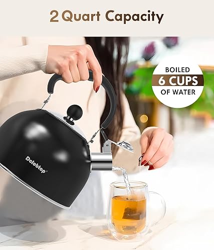 Miniatura 6 de Tetera de acero inoxidable prémium para estufa, capacidad de 2 cuartos de galón, calefacción eficiente, silbato audible, mango seguro, ideal para