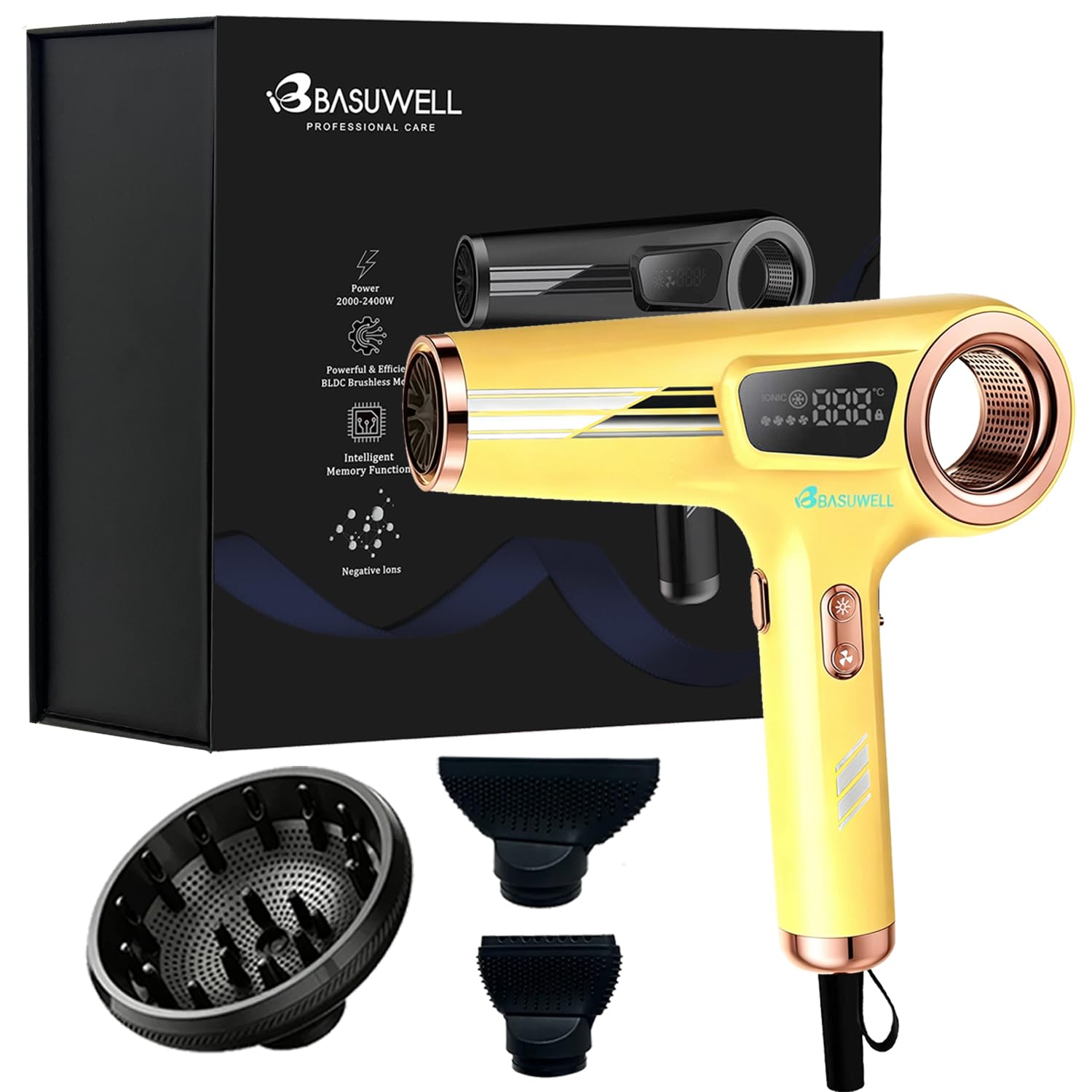 Sèche Cheveux Ionique 110 000 tr/min, Moteur Sans Balais, Séchage Rapide, Faible Bruit, Poids Léger, Affichage LED, Sèche-Cheveux avec 3 Buses Magnétiques, Pour Maison et Salon (Jaune)