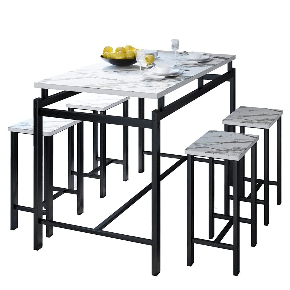 Dining Table Set for 4, 5 Pieces Kitchen Table and Chairs for Small Spaces, Bar Table and Chairs Set, Person Counter Height Table Set with 4 Chairs for Pub Restaurant Dinner Breakfast(White Statuario)