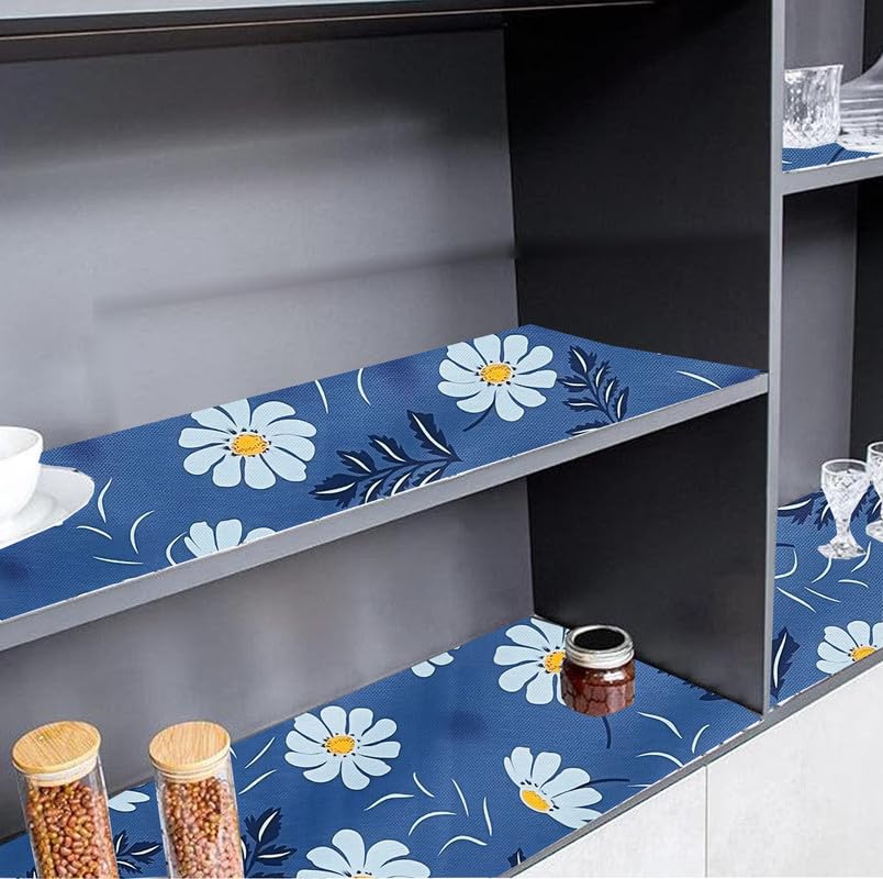 Image of Anti-Slip Kitchen Shelf Liner - 20 Meter Roll, Waterproof Multipurpose Mat for Fridge, Cabinet, Drawer, Trolley & Bathroom - Easy to Cut Floral Blue Print (Yellow)