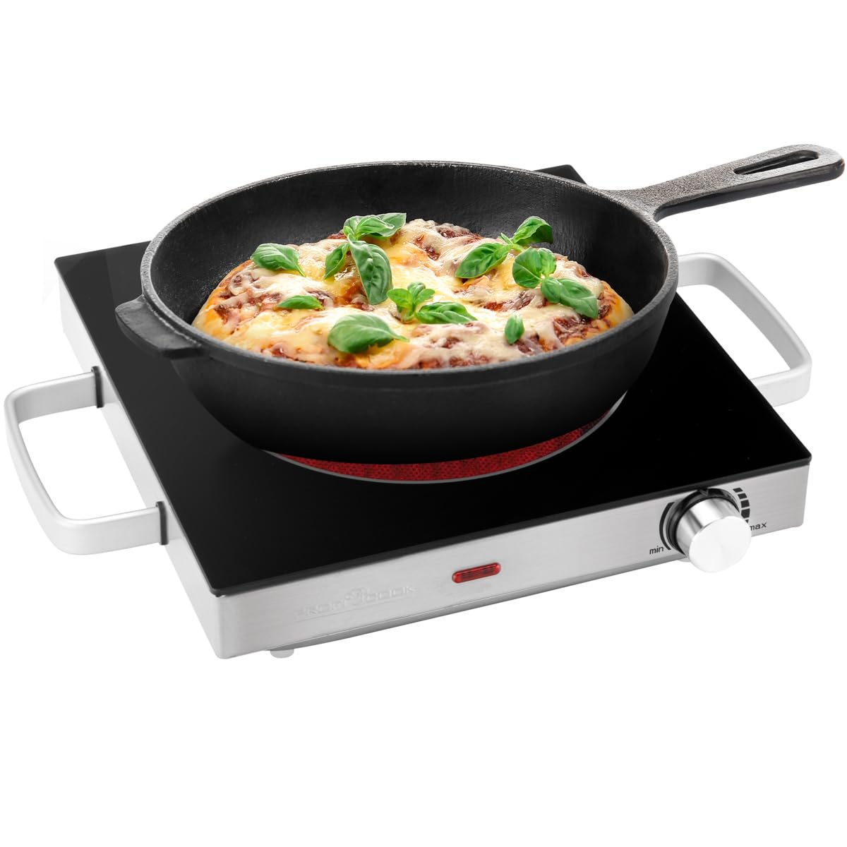 ProfiCook Placa de cocción individual por infrarrojos, apta para todo tipo de ollas, vitrocerámica, 2800 W, carcasa de acero inoxidable.