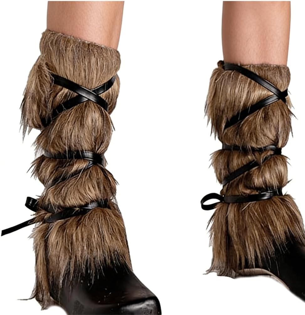 Viking Costume for Adults Furry Leg Warmers Wrap Faux Fur Medieval Fuzzy Leg Gaiters Boot Covers Warrior Shin Guards Cosplay Accessory