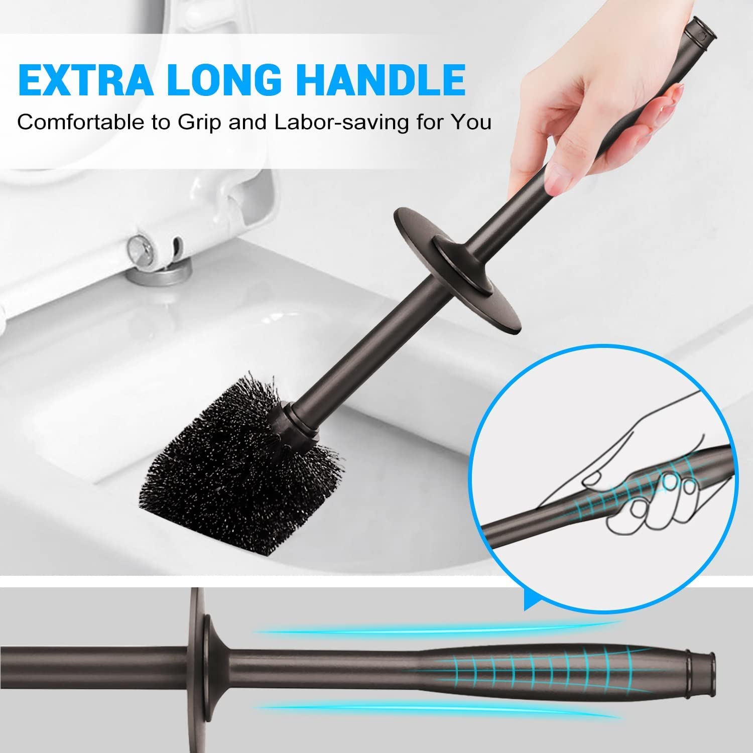 Toilet Brush and Holder 2 Pack, Toilet Bowl Brush with Extra Long Handle, Toilet Scrubber and Covered Holder, Toilet Brushes for Bathroom-Space Saving, Covered Brush, Durable, Deep Cleaning(Bronze)