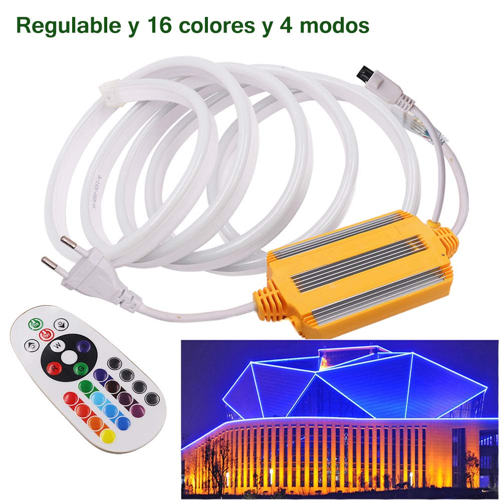 XUNATA 7m Flexible RGB LED Neon light + Control Remoto de 24 teclas, Resistente al Agua 220V 5050 Tiras de LED, Impermeable Líneas de Cables Luminoso Exterior Decoración