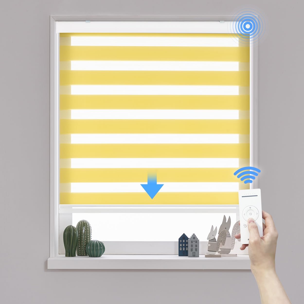 Foiresoft Motorized Zebra Roller Light Filtering Blinds [Motor Basic, Yellow, W20-84 x H81-90 (Inch)] Rechargeable Remote Control Charging Cable Set Custom Cordless Window Shade