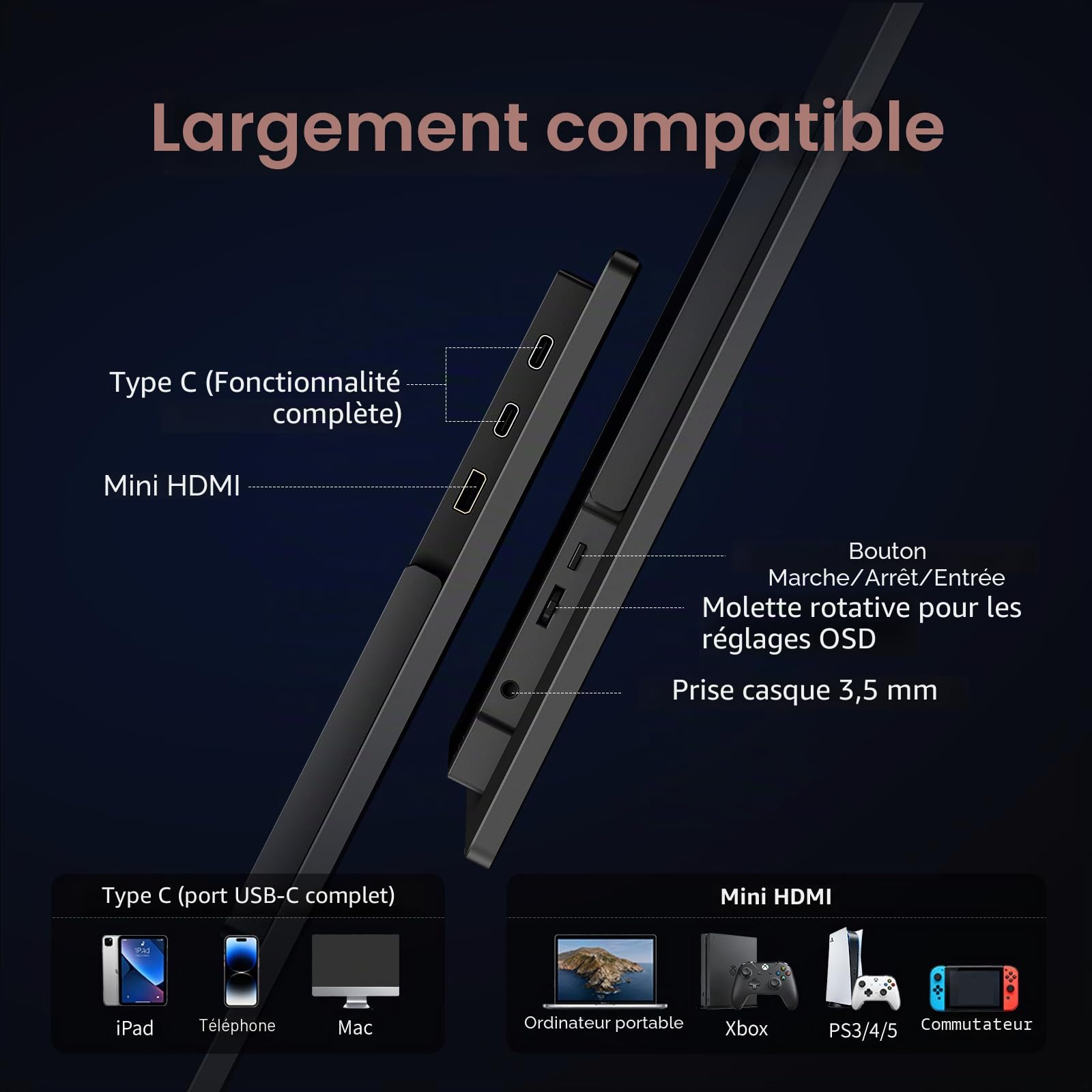 Moniteur de Jeu Portable 18,5 Pouces, 120 Hz, Full HD 1080p, USB-C et Mini HDMI, 100% sRGB, VESA 75 x 75, écran Externe pour Ordinateur portable/PC/PS4/PS5/Switch/Xbox