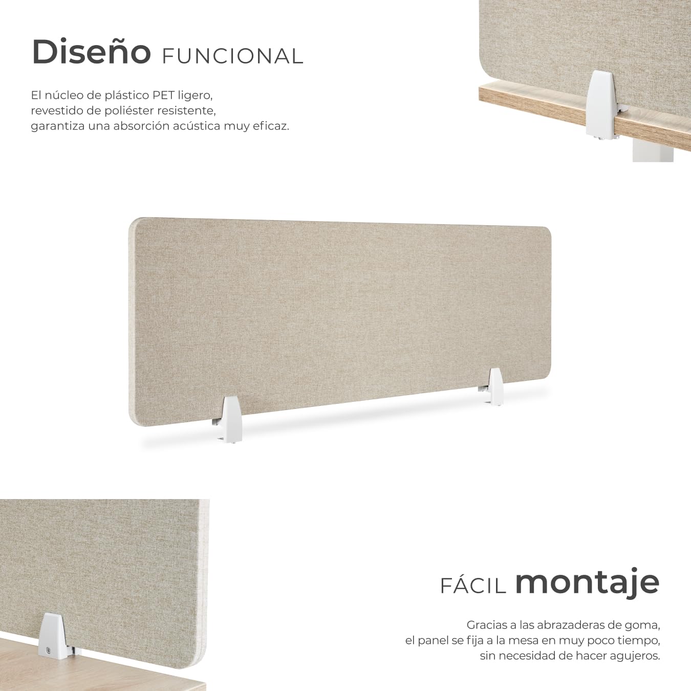 tectake® Panel Separador Escritorio, Panel Acústico con 2 Clips de Fijación, Tablero Escritorio con Espacio para Cables, Separador Mesa Oficina, Mampara Separadora, Funda Poliéster, 160x40 cm - Beige