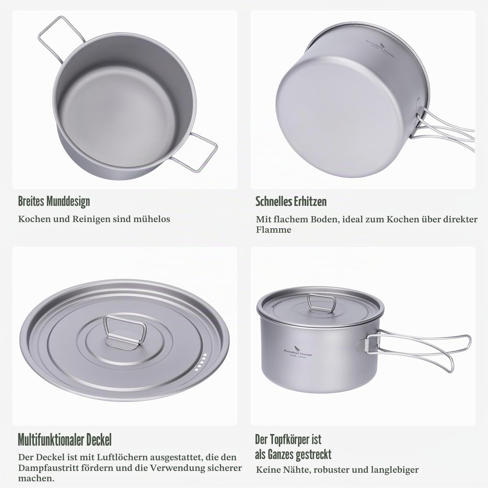 Boundless Voyage Titan Camping Kochgeschirr Mess Kit Faltbares Kochtopf-Set und Wasserkocher für Rucksackreisen, Outdoor, Picknick, Wandern, Reisen, BBQ Ti2109C+Ti3100D