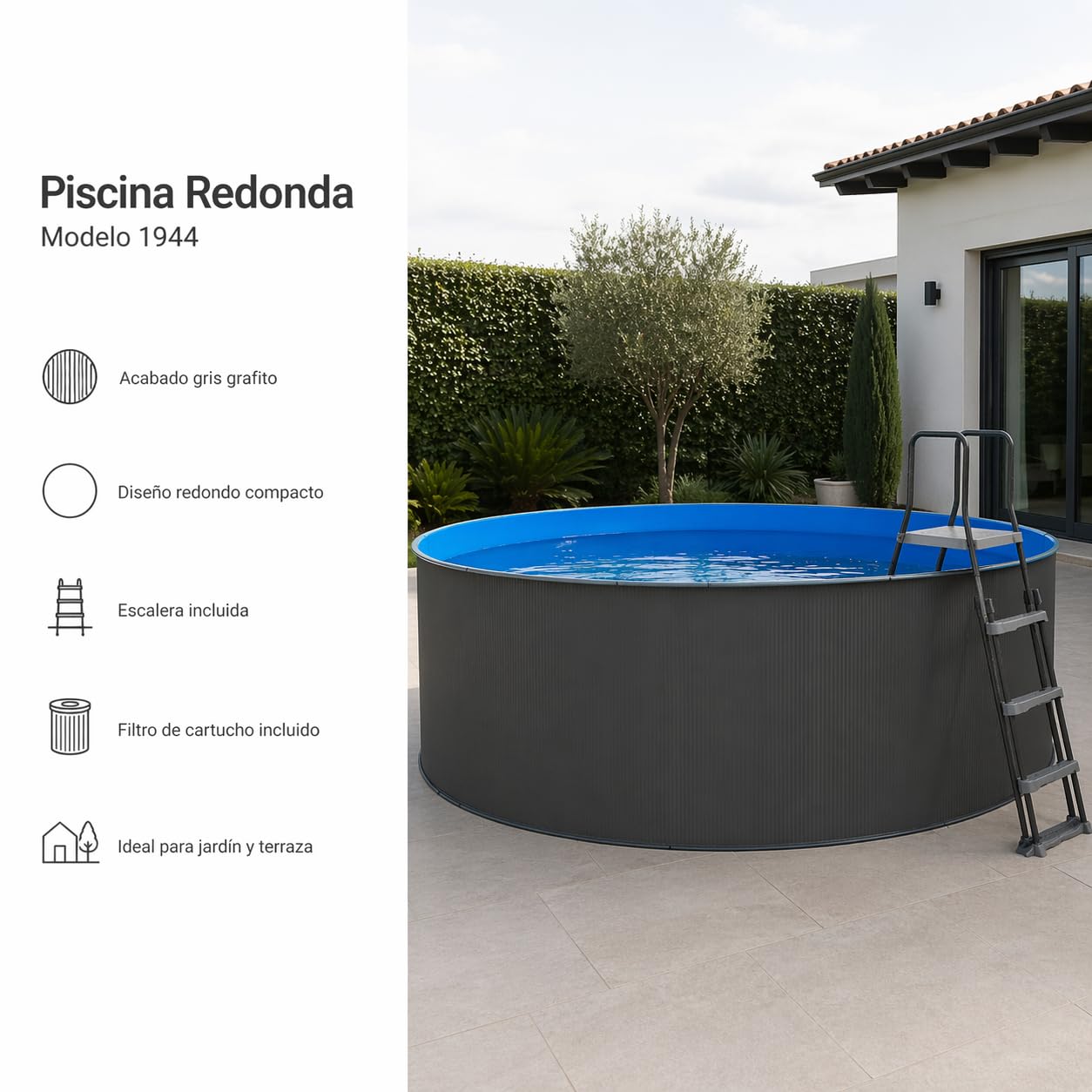 Nix Pool Piscina Desmontable de Acero Antracita para jardín con depuradora y Escalera (360 x 120 cm)