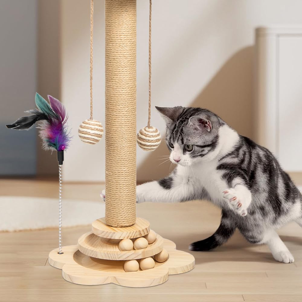 4 in 1 Tiragraffi per Gatti in Legno Albero Tiragraffi Gatto Colonna 50 x 25 cm Giocattolo Interattivo per Gatti 4 in 1 con Palline di Legno, Palla Sisal Pendente, Piume