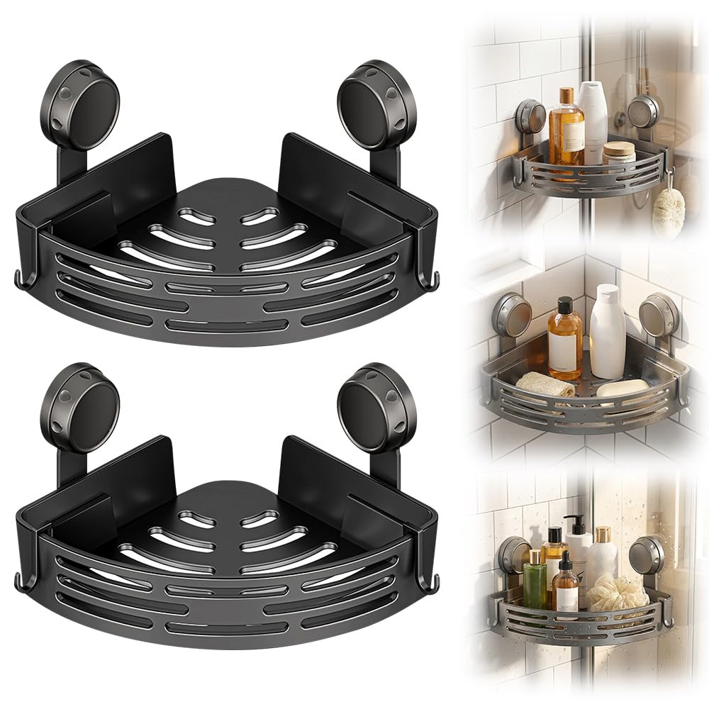 Estantes esquineros triangulares con ventosa 2026, sin taladro, estante de baño con estantes esquineros impermeables para ducha, 2 unidades, color negro