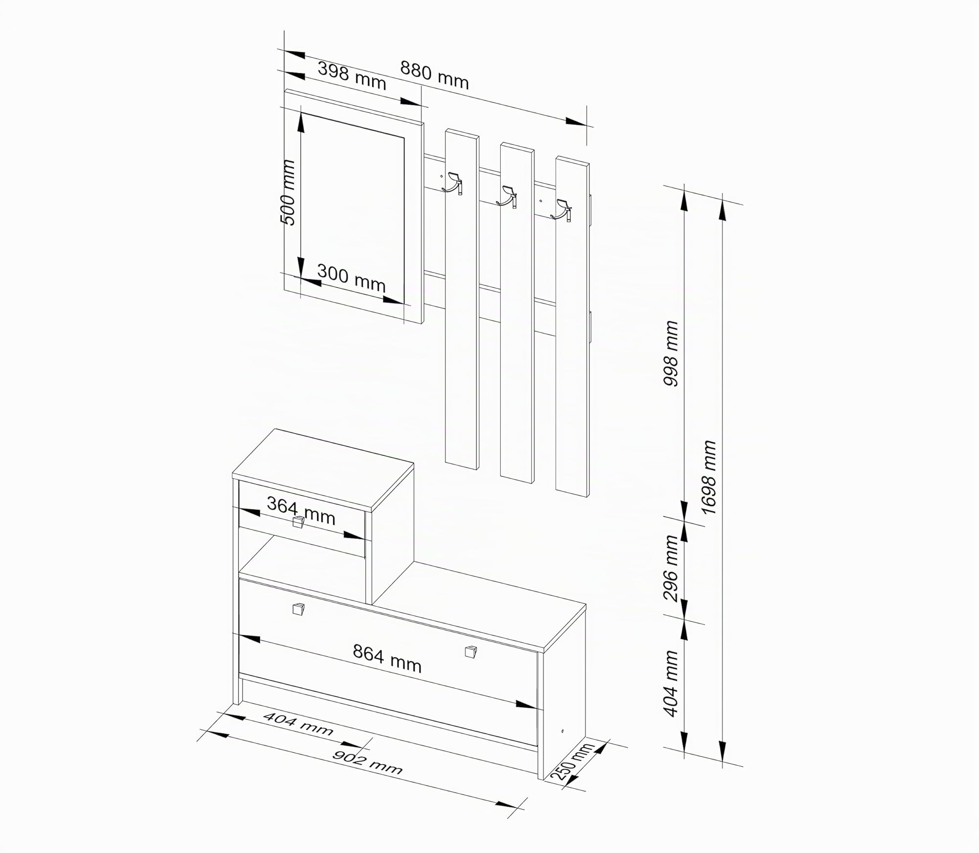 AKORD | Guardaroba Completo 2 Pezzi | Scarpiera con Piano e Cassetto 90 x 70 x 25 cm | e Appendiabiti a Muro con Specchio 90 x 100 cm | Set Completo Ingresso | Peso 39 kg | Wenge