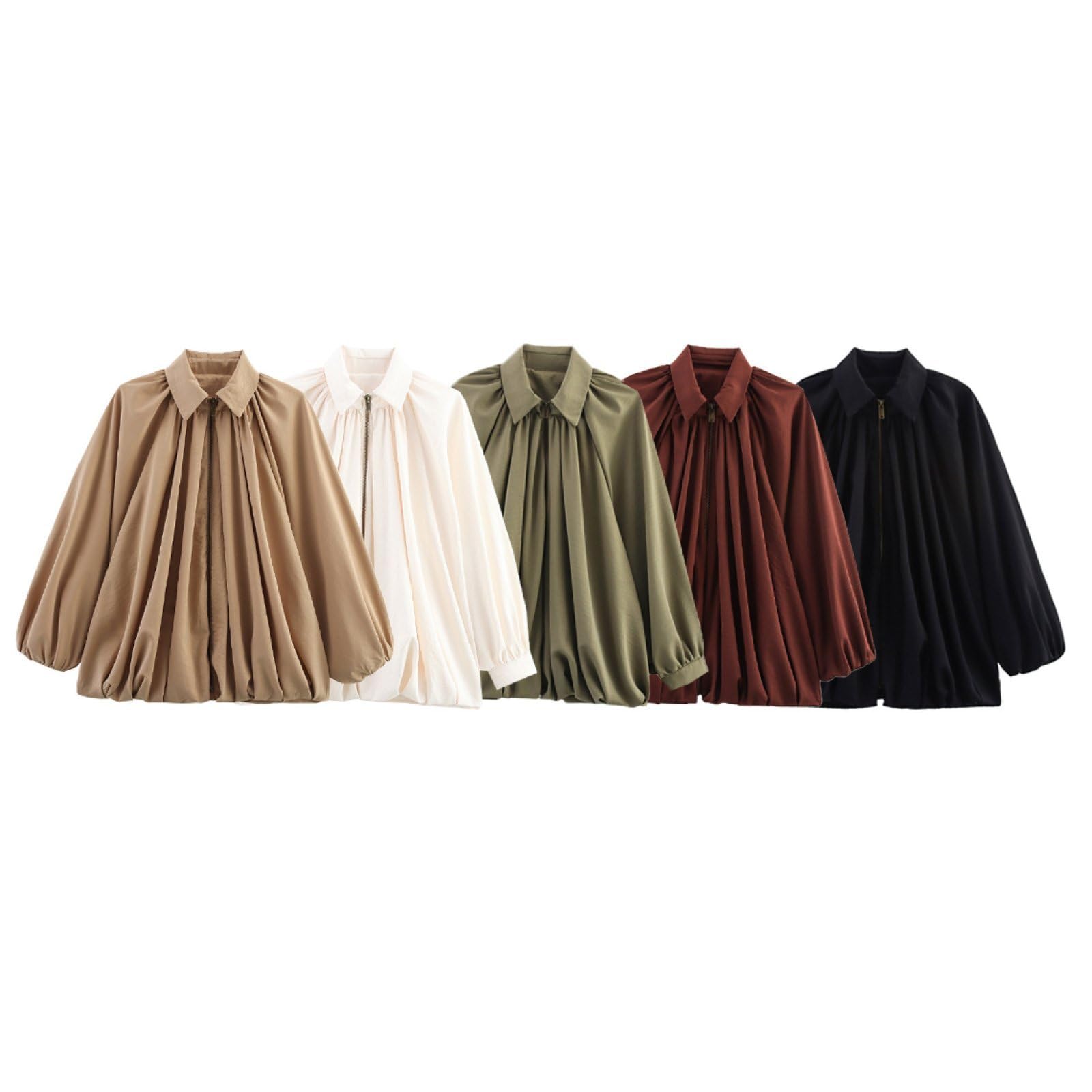 Chemisier Élégant Et Décontracté Pour Femme Avec Manches Bouffantes Plissées Col À Revers Et Fermeture Éclair Manches Longues