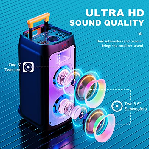 JYX Karaoke Anlage mit 2 drahtlosen Mikrofonen, Großer Lautsprecher Bluetooth mit Rädern und Disco Lichtern, Subwoofer PA System, Party Karaoke Maschine Unterstützung TWS/USB/SD Karte/AUX/Rec