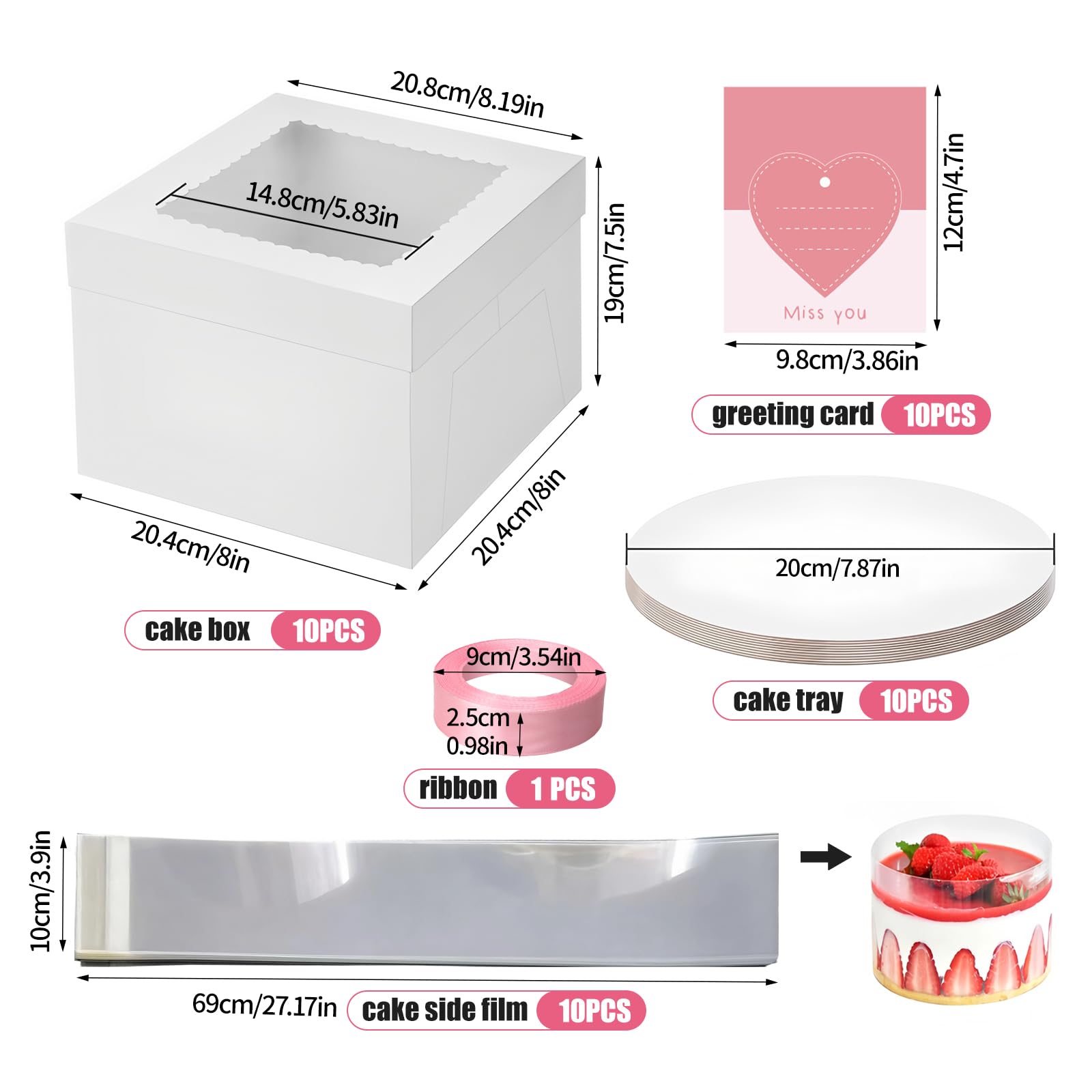 10Piezas Cajas para Tartas de Carton 20x20x20cm Cajas con Ventana | Caja Blanca Tarta Recipiente para Tartas,10Bandeja para tartas,10Acetato Transparente,10Tarjeta Felicitacion,1Cinta de Raso
