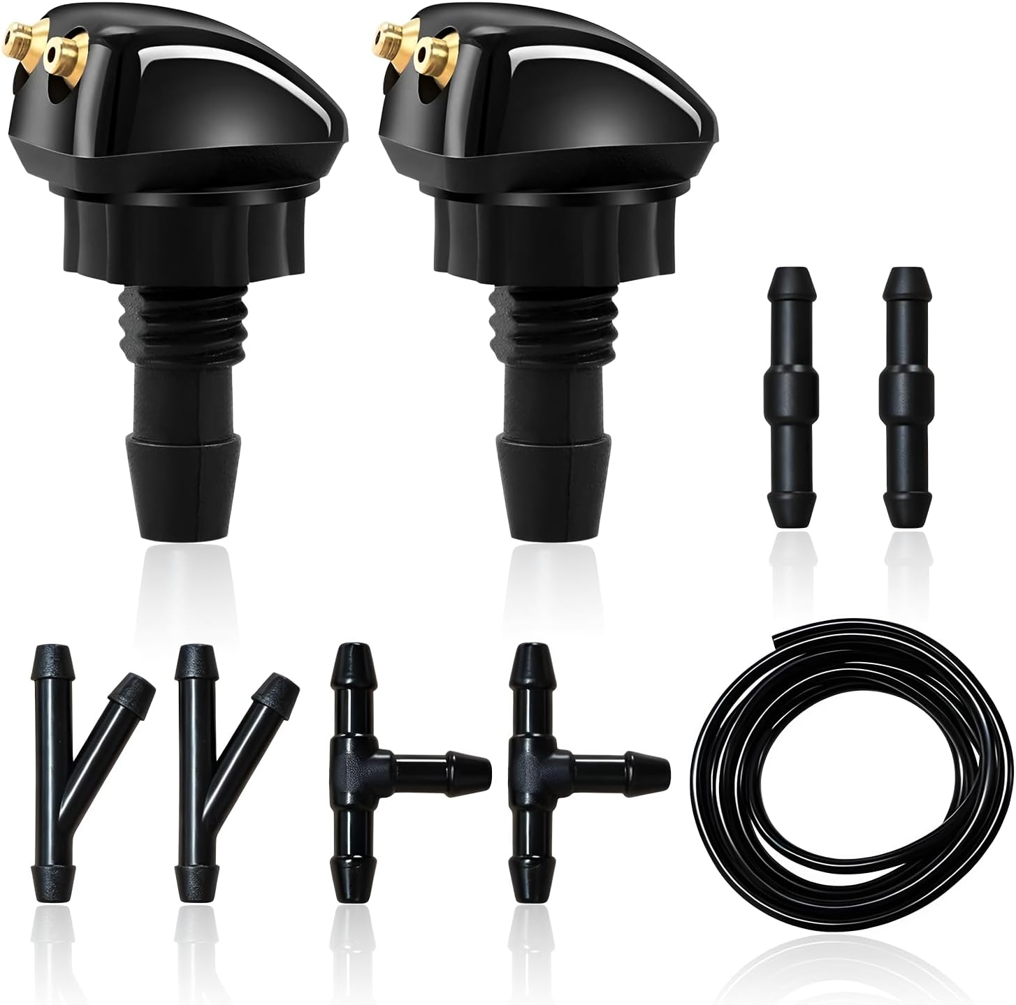 2 PCS Front Windshield Washer Nozzles, 2-Hole Car Front Windshield Washer Nozzle kit with Fluid Hose & Connectors, Universal Windscreen Wiper Sprayer Nozzle Jet Kit for Most Cars