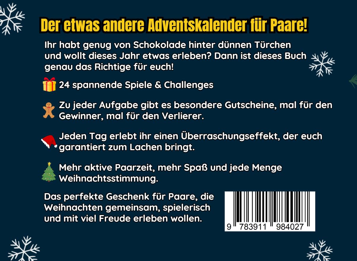 Adventskalender für Paare - Das Duell-Buch: 24 lustige Spiele und Challenges inkl. 24 besondere Gutscheine für eine spannende Adventszeit und ein unvergessliches Weihnachten!