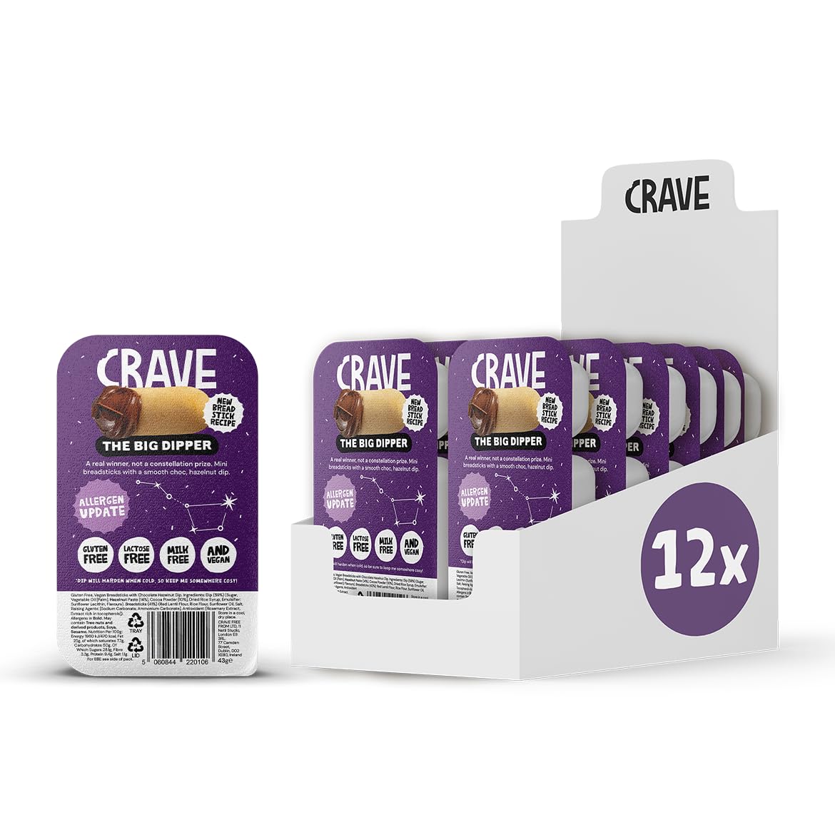 Crave Free From | The Big Dipper 12x43g | Hazelnut Dip Snack Pack with Gluten-Free Breadsticks