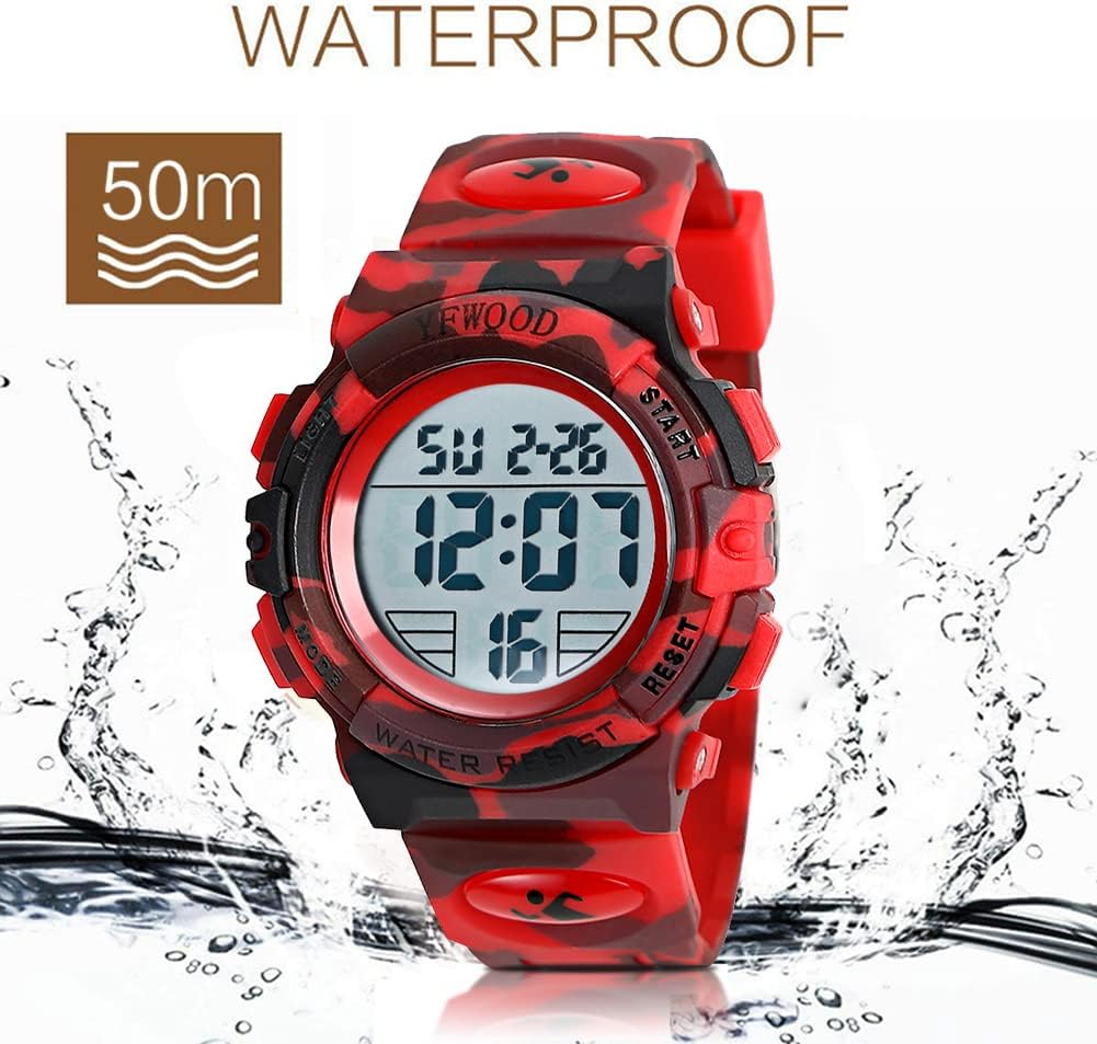 YFWOOD Kids Digital Watch Waterproof Outdoor Watches Children Casual Electronic Analog Quartz Wrist Watches with Silicone Band Luminous Alarm Stopwatch for Boys Red Kids Digital Watch image 4 of 7 B07Y5SL9DF