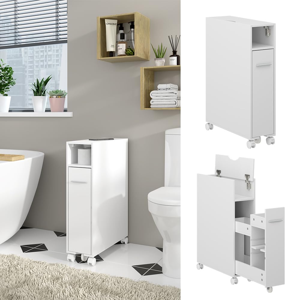 Vicco Armoire de Toilette Niva, Blanc, 18x71.3cm | avec compartiment extensible, pour un rangement peu encombrant au-dessus des toilettes