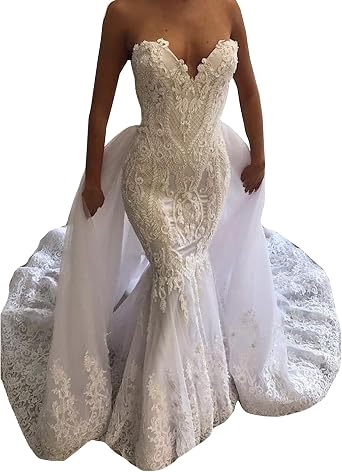 Amazon.com: Escote corazón encaje hasta corsé vestidos de novia de tren  desmontable vestidos de novia de sirena para novia largo : Ropa, Zapatos y  Joyería