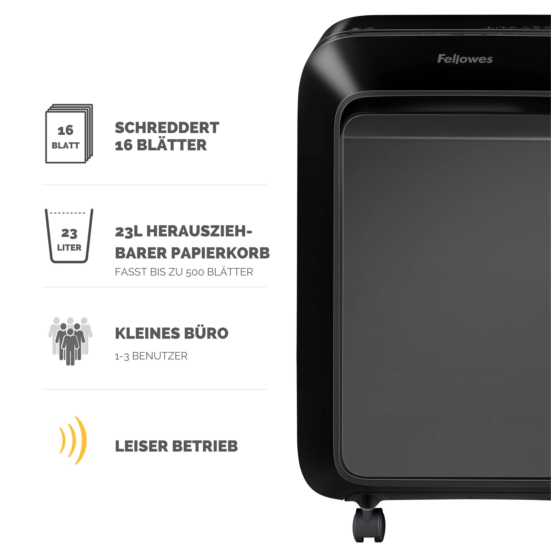 Fellowes 16 Blatt Aktenvernichter Partikelschnitt (P4), Papierschredder für Büro, Homeoffice, Powershred LX210, Schredder mit 23L Papierkorb, 100% staufrei, Safesense, Füllstandsanzeige, schwarz | Partikel 4 x 12 mm, 16 Blatt, schwarz