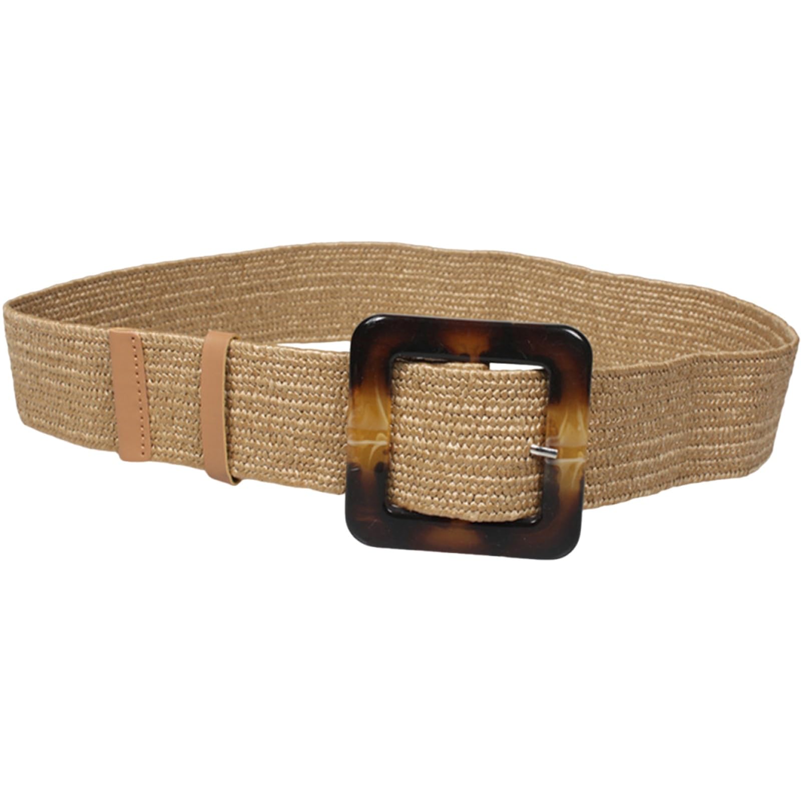 Agutalithic Women's Khaki Straw Woven Elastic Stretch Belts Boho Raffia Strap 5Cm Wide Braided Waistband With Prong Square Buckle(100Cm/39, )