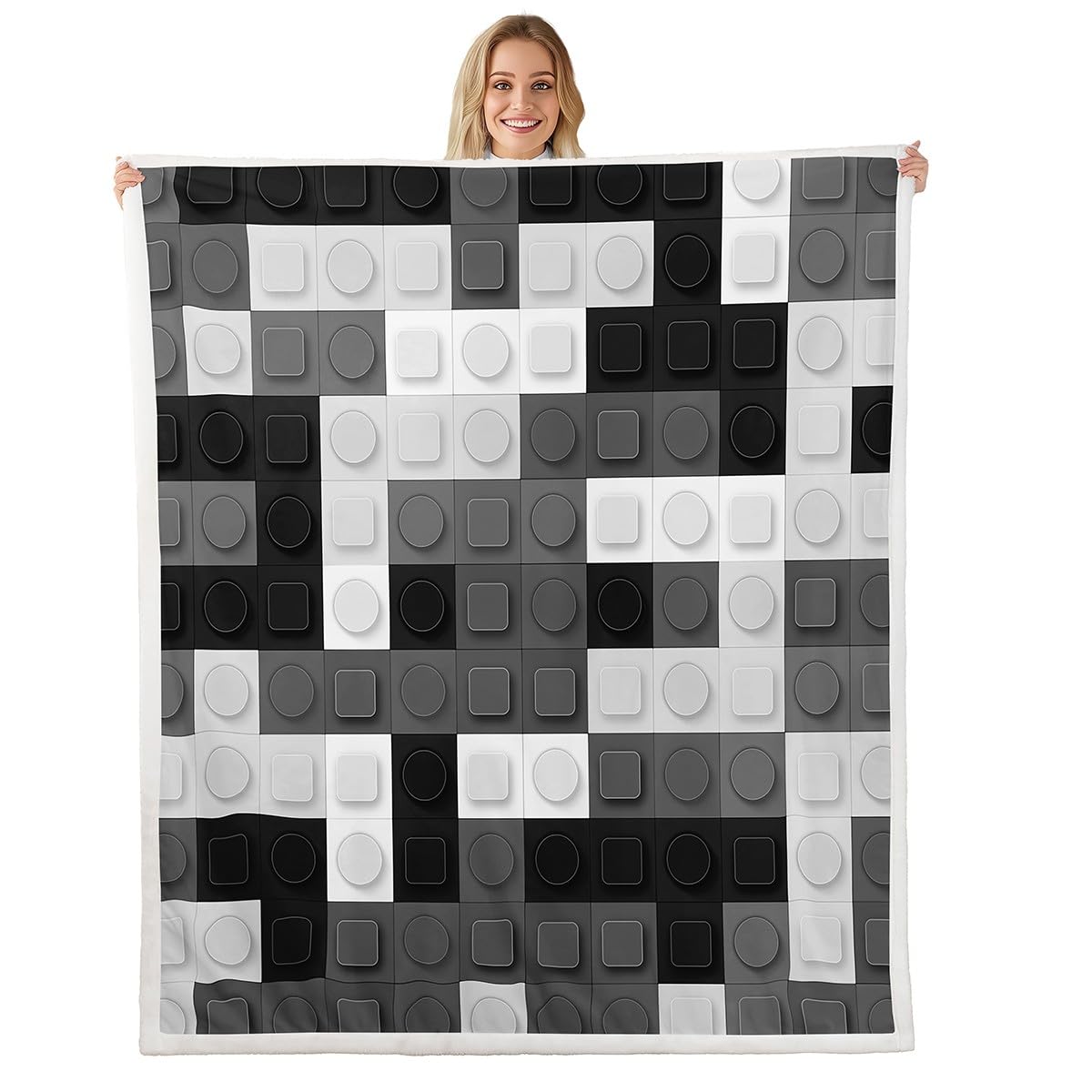 Feelyou Building Blocks Fleece Throw Blanket Queen 90"x90" Kids Games Toy Plush Blanket for Boys Teens Toy Brick Sherpa Blanket Breathable Black Grey